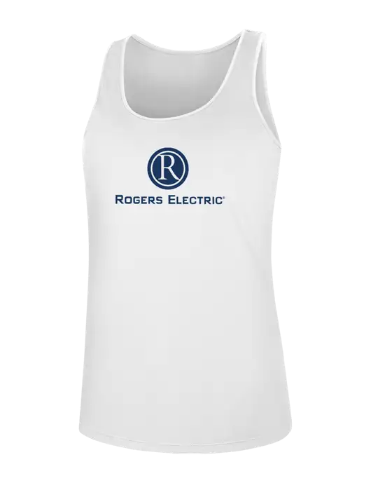 Womens White PosiCharge Competitor Racerback Tank w/Rogers Electric Logo