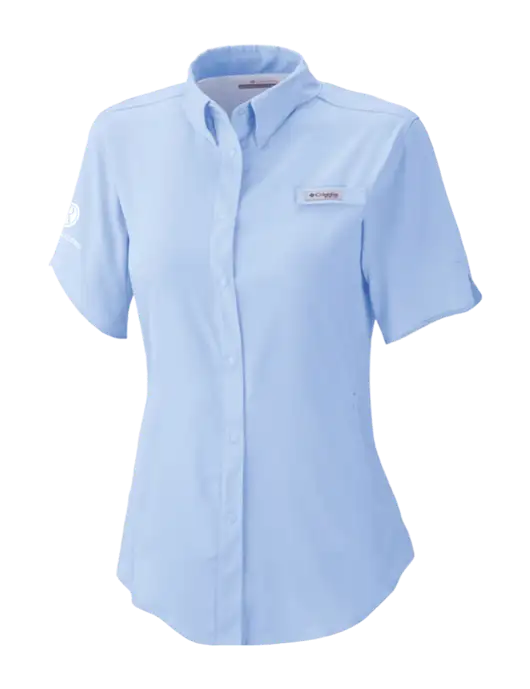 Columbia Light Blue Womens PFG Tamiami II Short Sleeve Shirt w/Rogers Electric Logo