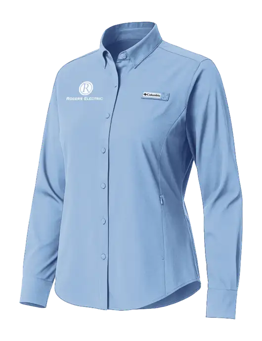 Columbia Light Blue Womens PFG Tamiami II Long Sleeve Shirt w/Rogers Electric Logo