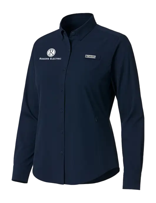 Columbia Navy Womens PFG Tamiami II Long Sleeve Shirt w/Rogers Electric Logo