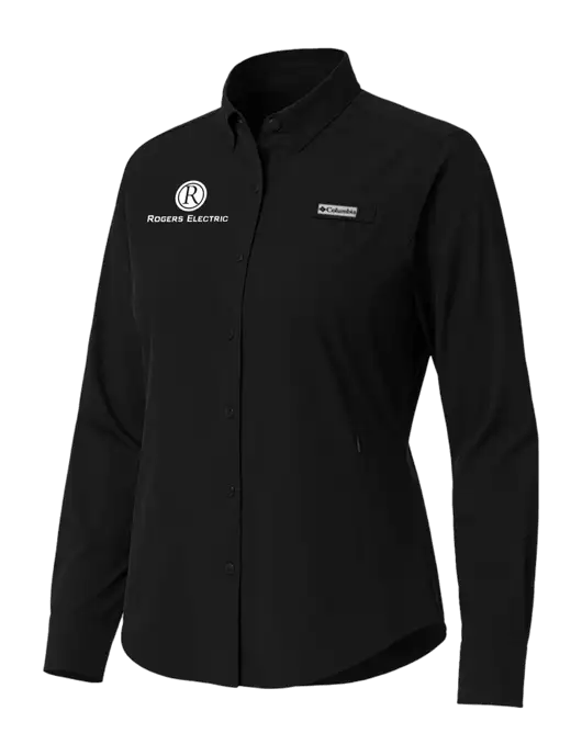 Columbia Black Womens PFG Tamiami II Long Sleeve Shirt w/Rogers Electric Logo