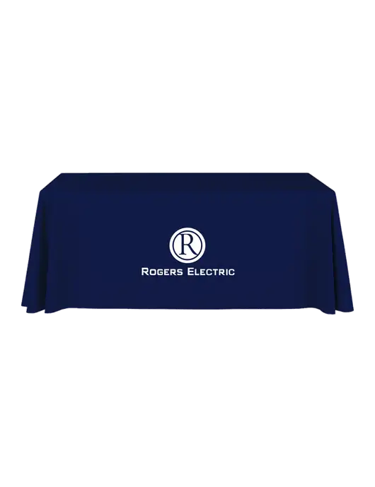 6' Stain-Resistant 4-Sided Dark Navy Table Cover w/Rogers Electric Logo