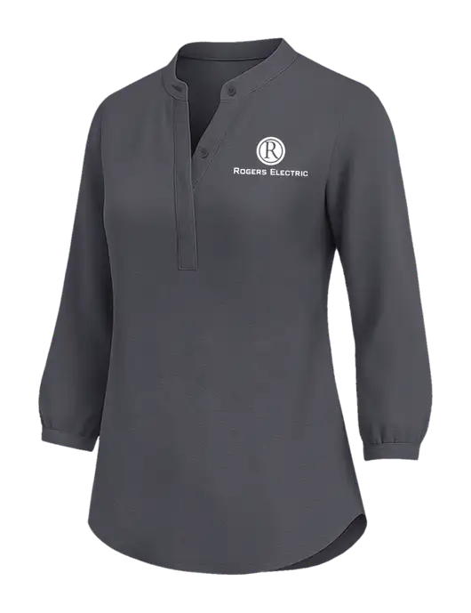 Womens Three Quarter-Sleeve Textured Dark Grey Crepe Tunic w/Rogers Electric Logo