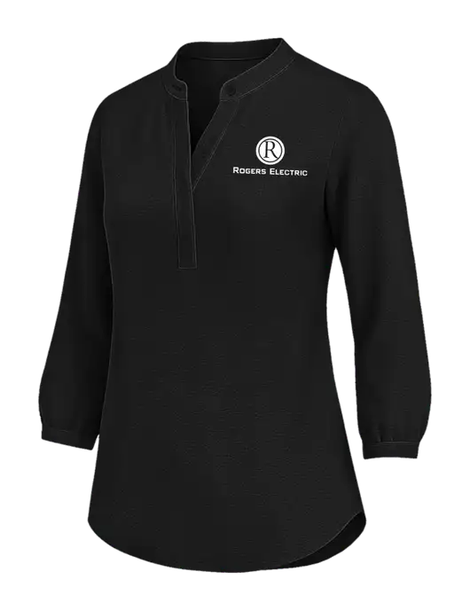 Womens Three Quarter-Sleeve Textured Black Crepe Tunic w/Rogers Electric Logo