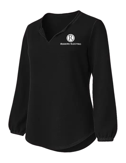 Womens Textured Black Crepe Blouse w/Rogers Electric Logo