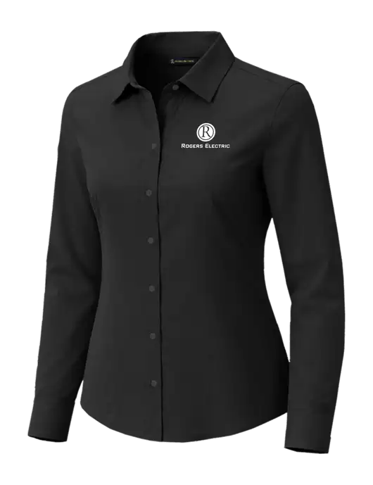 Brooks Brothers Womens Full-Button Black Satin Blouse w/Rogers Electric Logo