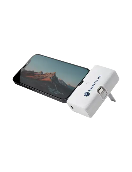 White Phone Power Bank Stand 4,500 mAh Dual Ports Type C & Lightning w/Rogers Electric Logo