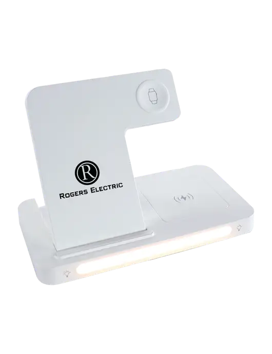 Revive White Bedside Charging Station with Adjustable Light w/Rogers Electric Logo