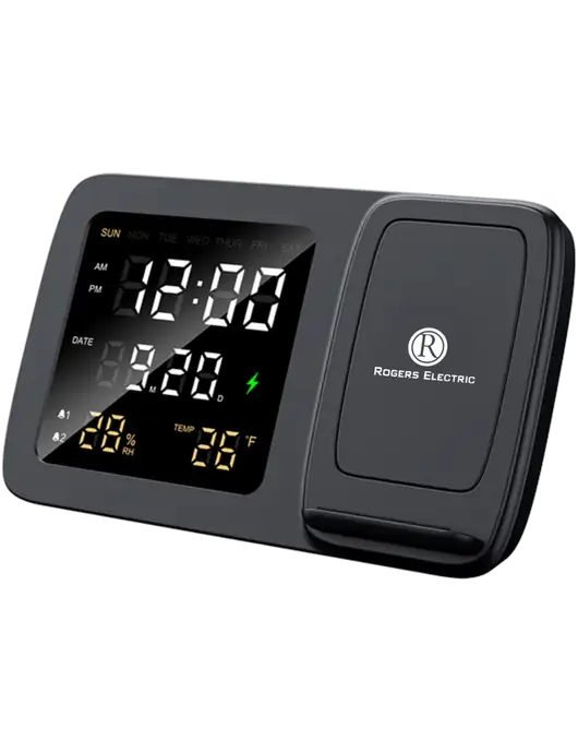 Dock It Wireless Charger, Digital Alarm Clock,  Temperature & Humidity Display w/Rogers Electric Logo