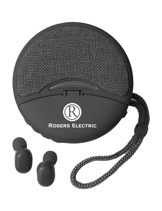 Duo Black Wireless Earbuds & Speaker w/Rogers Electric Logo