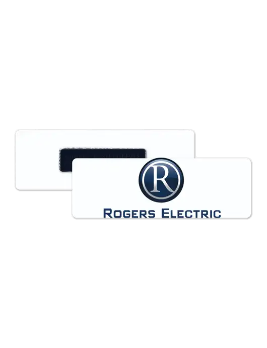 3" x 1" White Aluminum Name Badge & Magnet w/Rogers Electric Logo