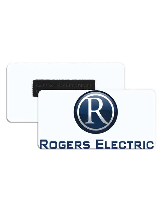 3" x 1.5" White Aluminum Name Badge & Magnet w/Rogers Electric Logo