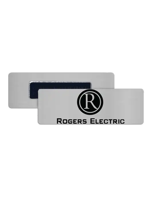3" x 1" Brushed Aluminum Name Badge & Magnet w/Rogers Electric Logo