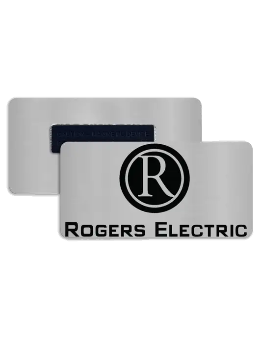 3" x 1.5" Brushed Aluminum Name Badge & Magnet w/Rogers Electric Logo