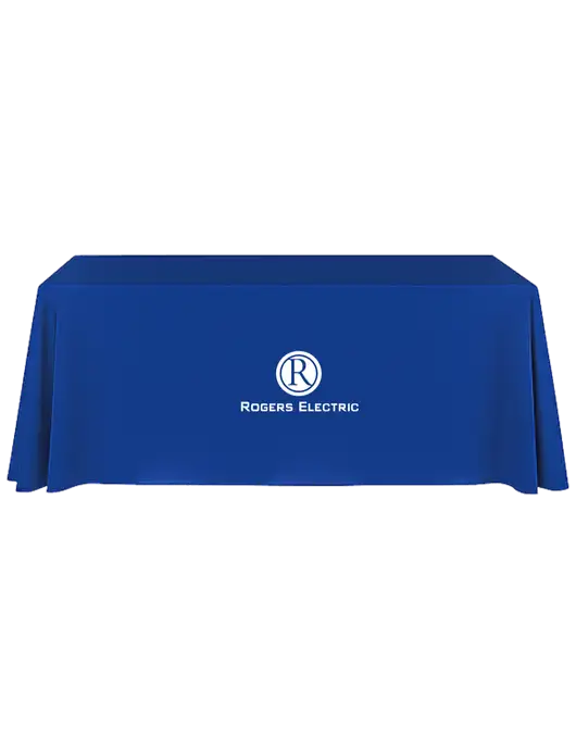 8' Stain-Resistant 4-Sided Dark Royal Table Cover w/Rogers Electric Logo