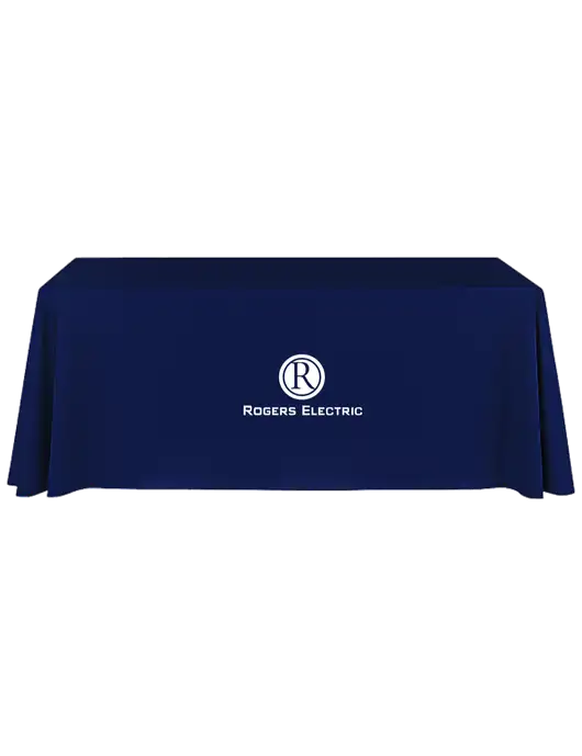 8' Stain-Resistant 4-Sided Dark Navy Table Cover w/Rogers Electric Logo
