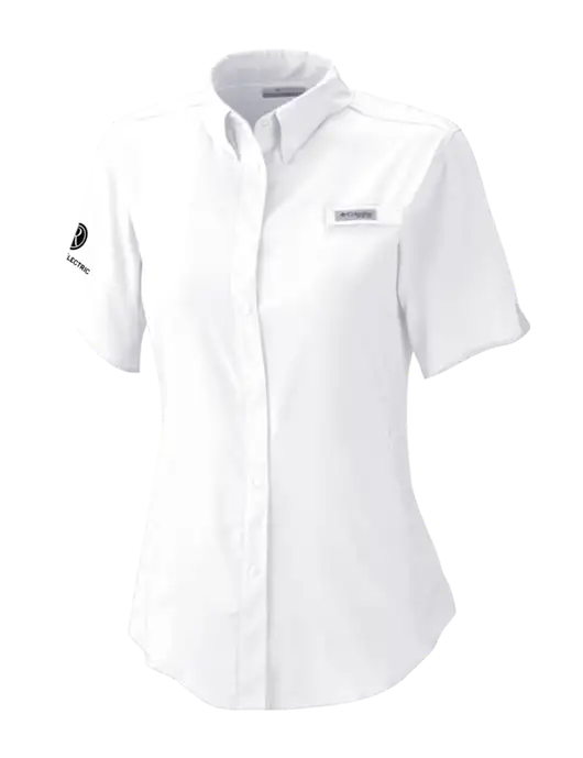 Columbia White Womens PFG Tamiami II Short Sleeve Shirt w/Rogers Electric Logo