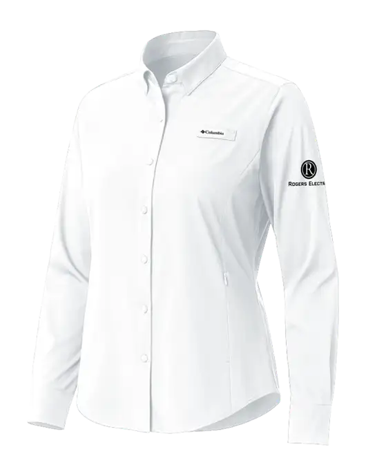 Columbia White Womens PFG Tamiami II Long Sleeve Shirt w/Rogers Electric Logo