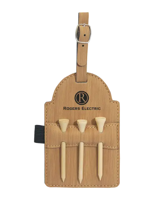 Bamboo Leatherette Golf Bag Tag with 3 Wooden Tees w/Rogers Electric Logo