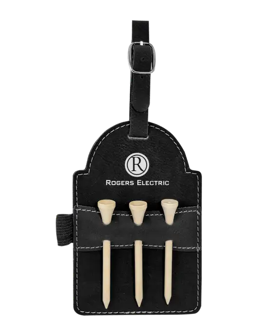 Black Leatherette Golf Bag Tag with 3 Wooden Tees w/Rogers Electric Logo