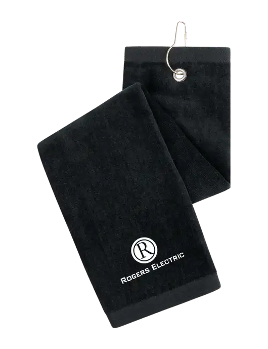 Black Tri-Fold Golf Towel with Grommet w/Rogers Electric Logo