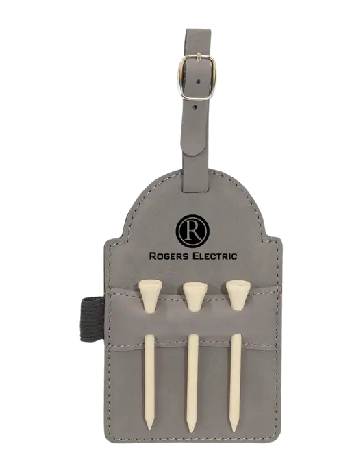 Grey Leatherette Golf Bag Tag with 3 Wooden Tees w/Rogers Electric Logo