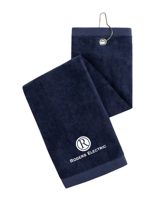 Navy Tri-Fold Golf Towel with Grommet w/Rogers Electric Logo