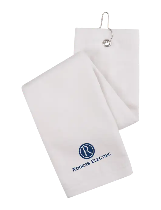 White Tri-Fold Golf Towel with Grommet w/Rogers Electric Logo
