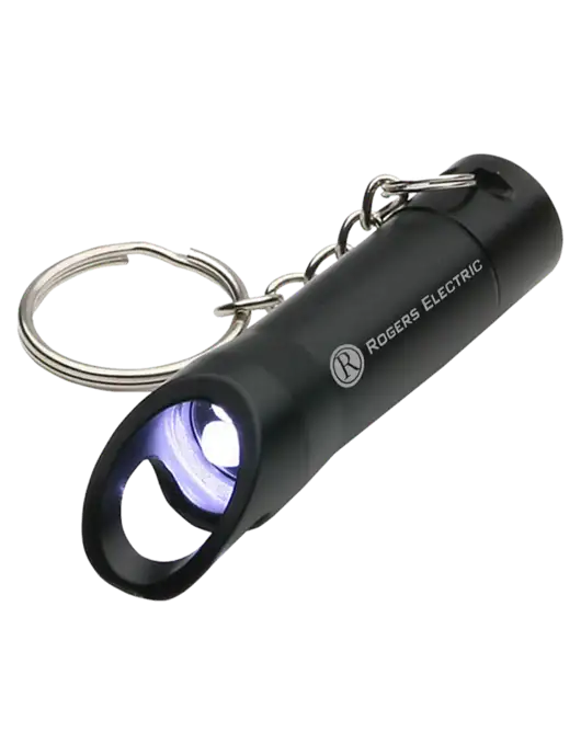 Black Pocket LED Flashlight with Bottle Opener & Keychain w/Rogers Electric Logo