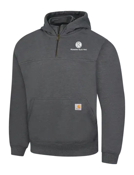 Carhartt Dark Grey Heather Rain Defender Paxton Heavyweight Hooded 1/4 Zip Mock Sweatshirt w/Rogers Electric Logo