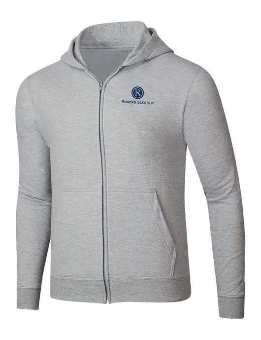 Light Grey Heather 8.5 oz Ring Spun Zip Hooded Sweatshirt w/Rogers Electric Logo