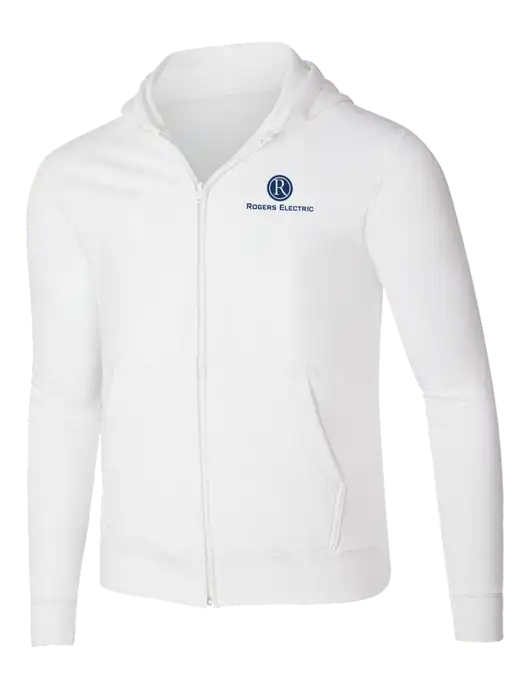 White 8.5 oz Ring Spun Zip Hooded Sweatshirt w/Rogers Electric Logo