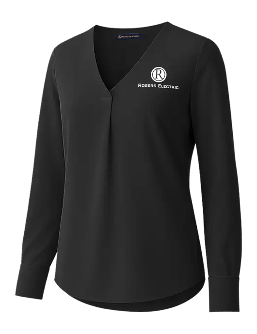 Brooks Brothers Womens Black Open-Neck Satin Blouse  w/Rogers Electric Logo