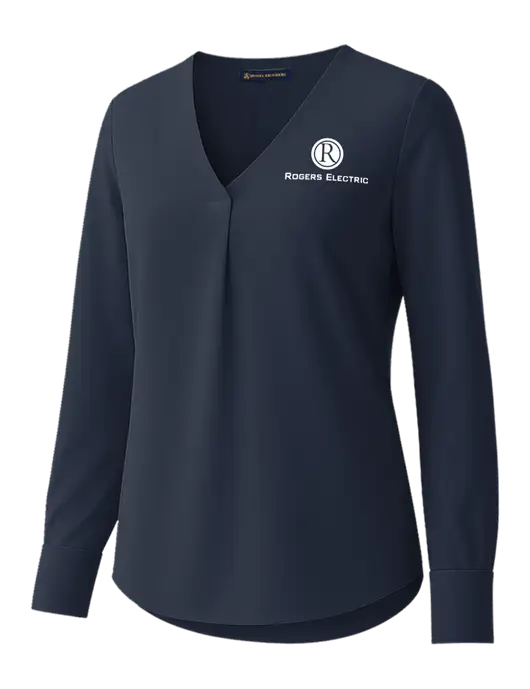 Brooks Brothers Womens Dark Navy Open-Neck Satin Blouse  w/Rogers Electric Logo