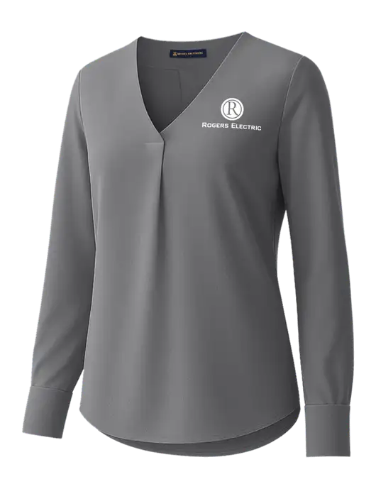 Brooks Brothers Womens Medium Grey Open-Neck Satin Blouse  w/Rogers Electric Logo