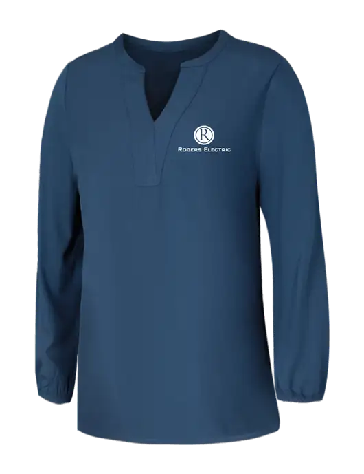 Mercer+Mettle Womens Light Navy Blue Grey Stretch Crepe 3/4 Sleeve Blouse w/Rogers Electric Logo