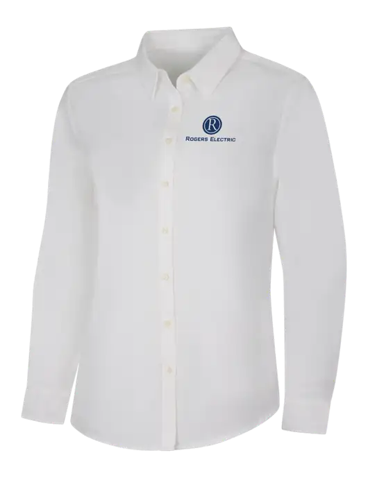 Womens White Long Sleeve Superpro React Twill Shirt w/Rogers Electric Logo
