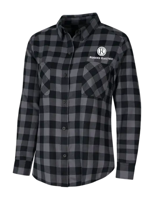 Womens Medium Grey/Black Buffalo Check Plaid Flannel Shirt w/Rogers Electric Logo