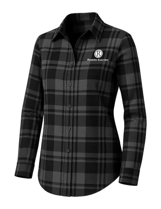 Womens Medium Grey/Black Plaid Flannel Tunic w/Rogers Electric Logo