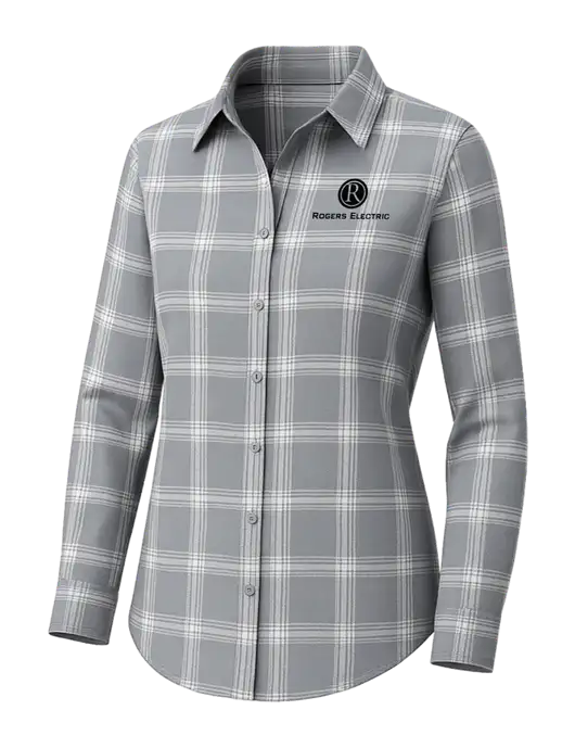 Womens Medium Grey/Cream Open Plaid Flannel Tunic w/Rogers Electric Logo