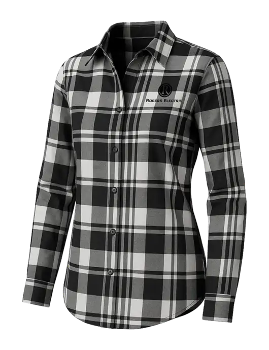 Womens White/Black Plaid Flannel Tunic w/Rogers Electric Logo