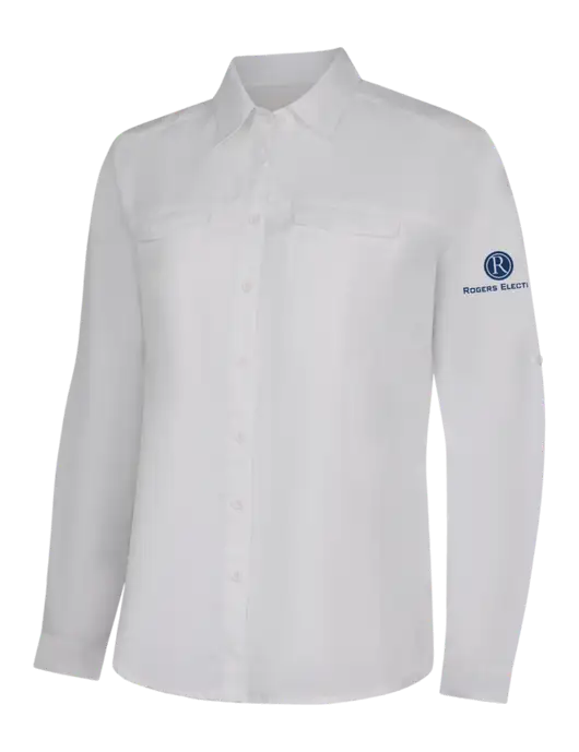 Womens White Long Sleeve UV Daybreak Shirt w/Rogers Electric Logo