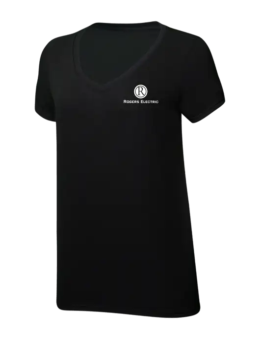 Womens Simply Soft V-Neck Black 4.5oz  Poly/Combed Ring Spun Cotton T-Shirt w/Rogers Electric Logo