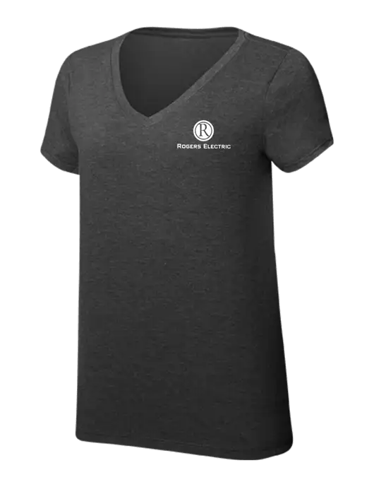 Womens Simply Soft V-Neck Black Frost 4.5oz  Poly/Combed Ring Spun Cotton T-Shirt w/Rogers Electric Logo