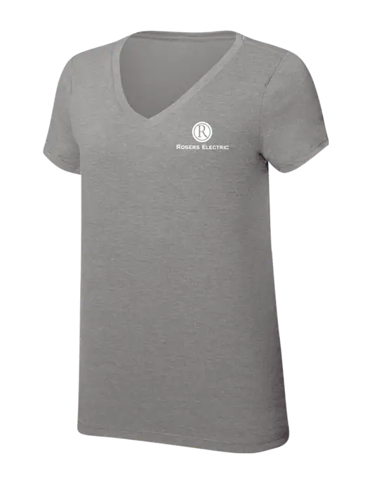 Womens Simply Soft V-Neck Grey Frost 4.5oz  Poly/Combed Ring Spun Cotton T-Shirt w/Rogers Electric Logo