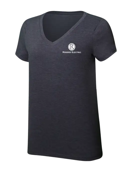 Womens Simply Soft V-Neck Heather Charcoal 4.5oz  Poly/Combed Ring Spun Cotton T-Shirt w/Rogers Electric Logo
