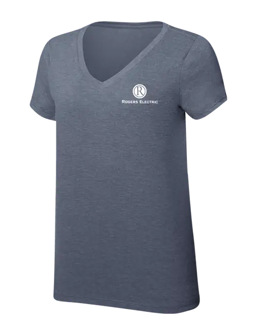 Womens Simply Soft V-Neck Navy Frost 4.5oz  Poly/Combed Ring Spun Cotton T-Shirt w/Rogers Electric Logo