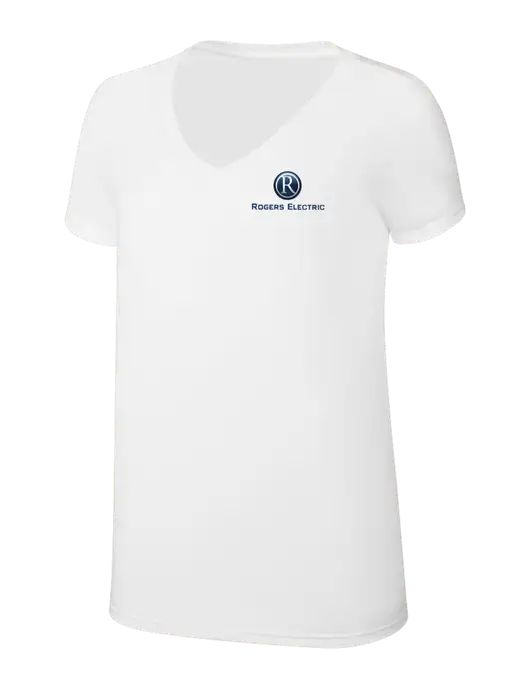 Womens Simply Soft V-Neck White 4.5oz  Poly/Combed Ring Spun Cotton T-Shirt w/Rogers Electric Logo