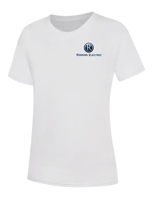 Womens White Core Blend Tee w/Rogers Electric Logo