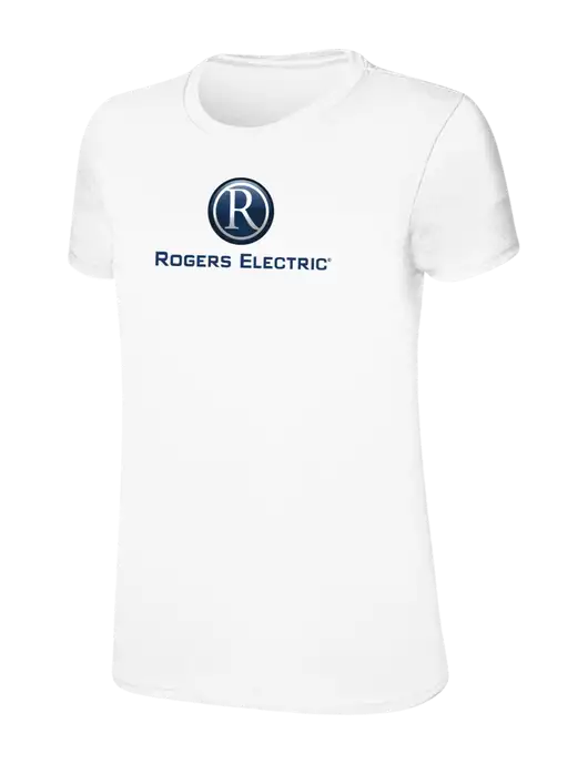 Womens Ring Spun White 4.5 oz T-Shirt w/Rogers Electric Logo